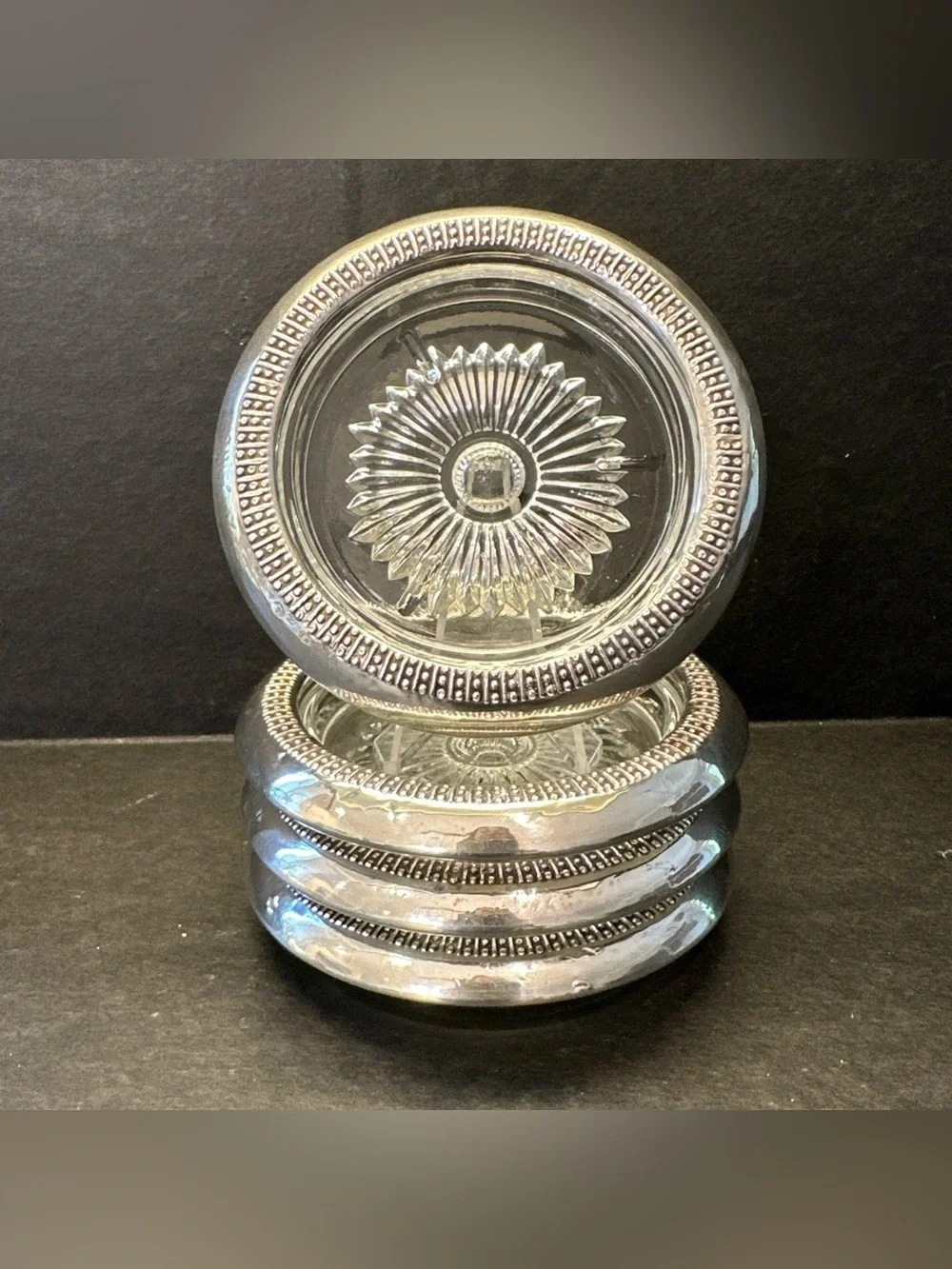 Vintage STC Sterling Crystal Glass Coaster Set 4 Beaded Rim Sunburst MCM Barware